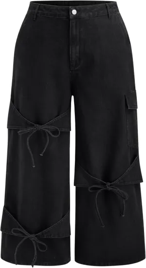 CIDER Baggy Jeans for Women High Waisted Wide Straight Leg Bow Jeans Denim Pants
