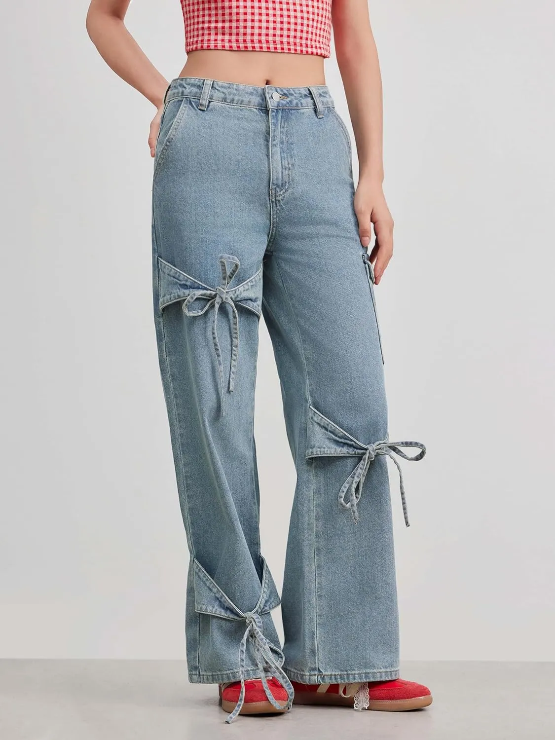 CIDER Baggy Jeans for Women High Waisted Wide Straight Leg Bow Jeans Denim Pants