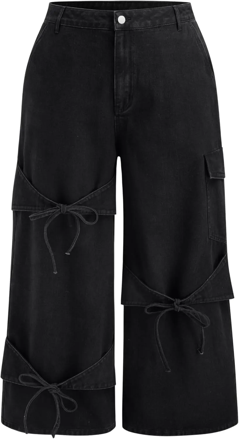 CIDER Baggy Jeans for Women High Waisted Wide Straight Leg Bow Jeans Denim Pants
