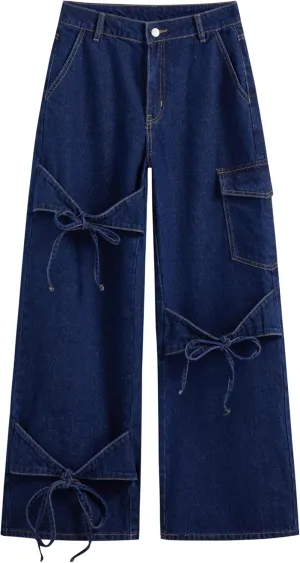 CIDER Baggy Jeans for Women High Waisted Wide Straight Leg Bow Jeans Denim Pants