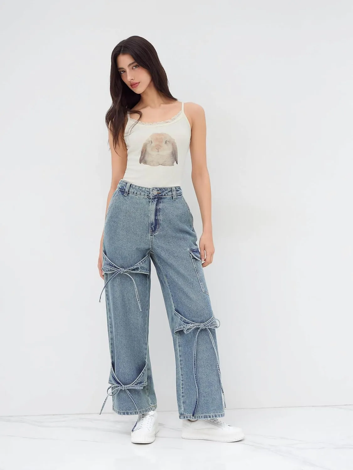CIDER Baggy Jeans for Women High Waisted Wide Straight Leg Bow Jeans Denim Pants