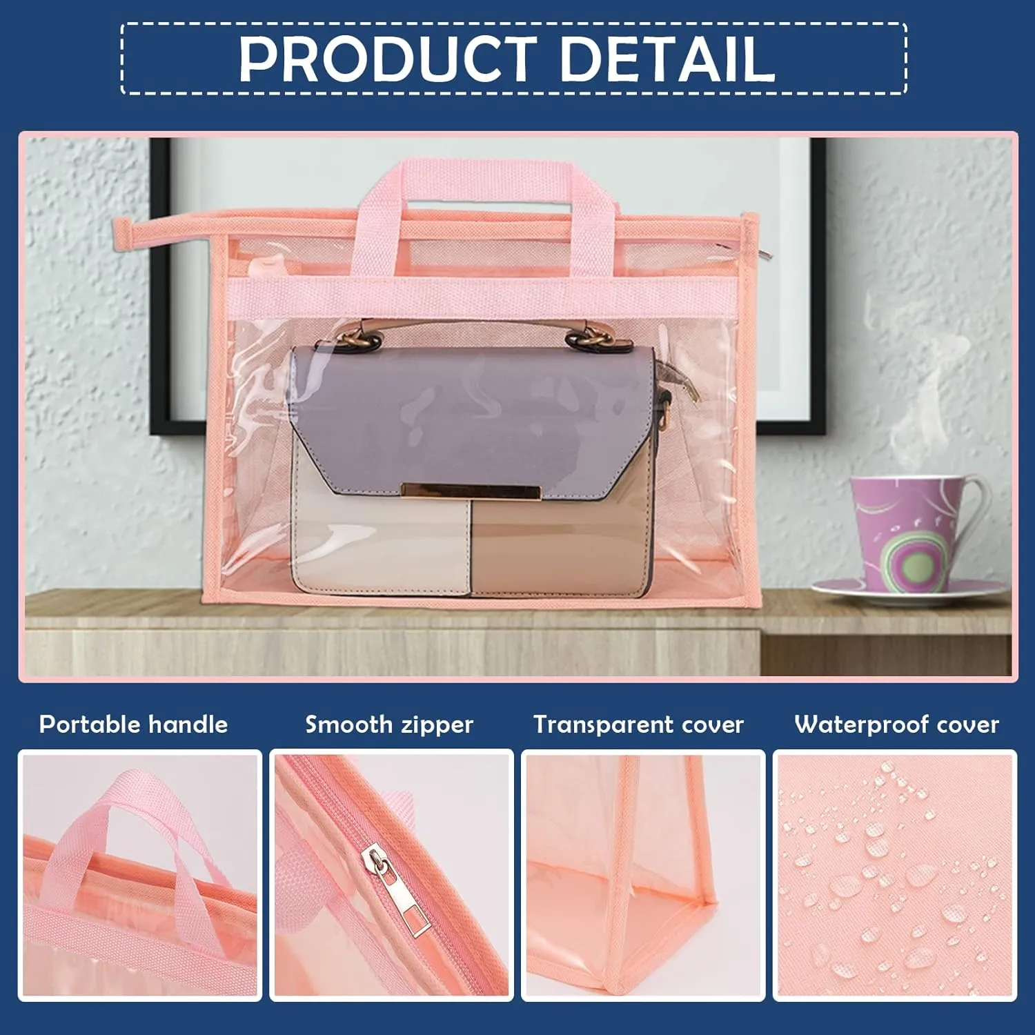 CINPIUK Handbag Dust Bags Clear Purse Storage Organizer for Closet Small to Extra Large Handbags Dust Free Bags Hanging Zipper Storage Bag with Hooks, (Pink, 4 Sizes-8PCS)