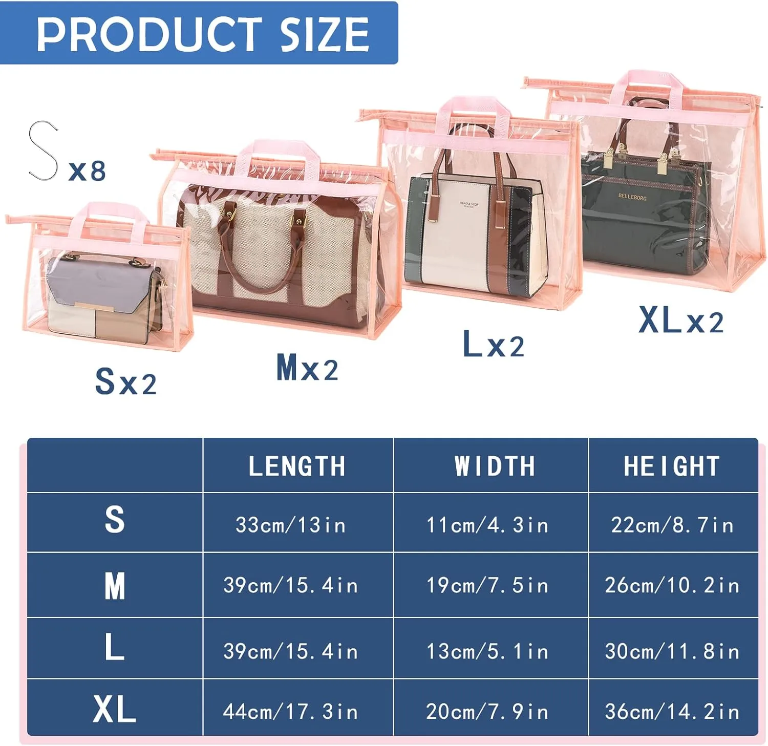 CINPIUK Handbag Dust Bags Clear Purse Storage Organizer for Closet Small to Extra Large Handbags Dust Free Bags Hanging Zipper Storage Bag with Hooks, (Pink, 4 Sizes-8PCS)