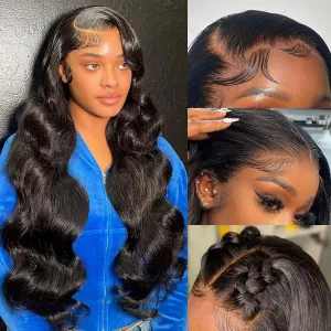 CITY GIRL Body Wave Lace Front Wigs Human Hair Pre Plucked 26 Inch 13x4 hd Transparent Lace Frontal Body Wave Human Hair Wig for Women 180 Density Natural Black