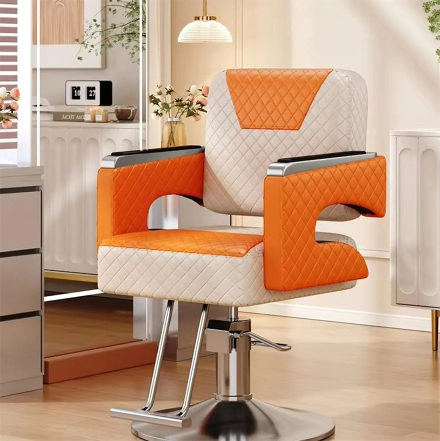 Classic Checkered Barber Chair - Ergonomic 360° Swivel Salon Chair with Hydraulic Lift,Orange/a