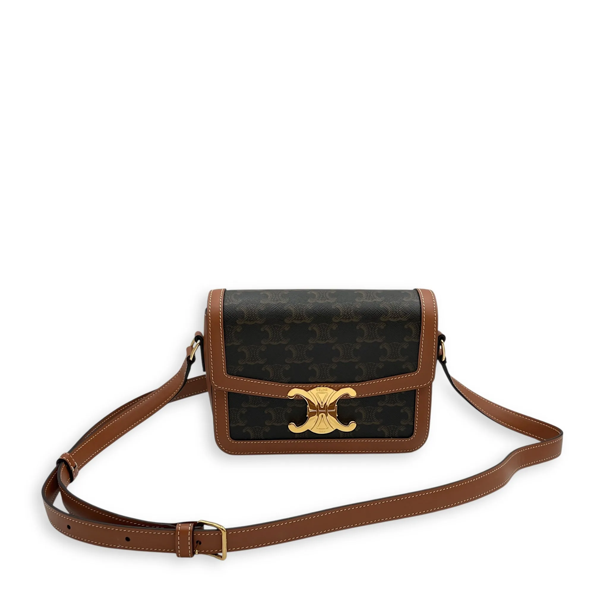 Classic Teen Triomphe Brown Crossbody Bag in Canvas/Calfskin, Gold hardware