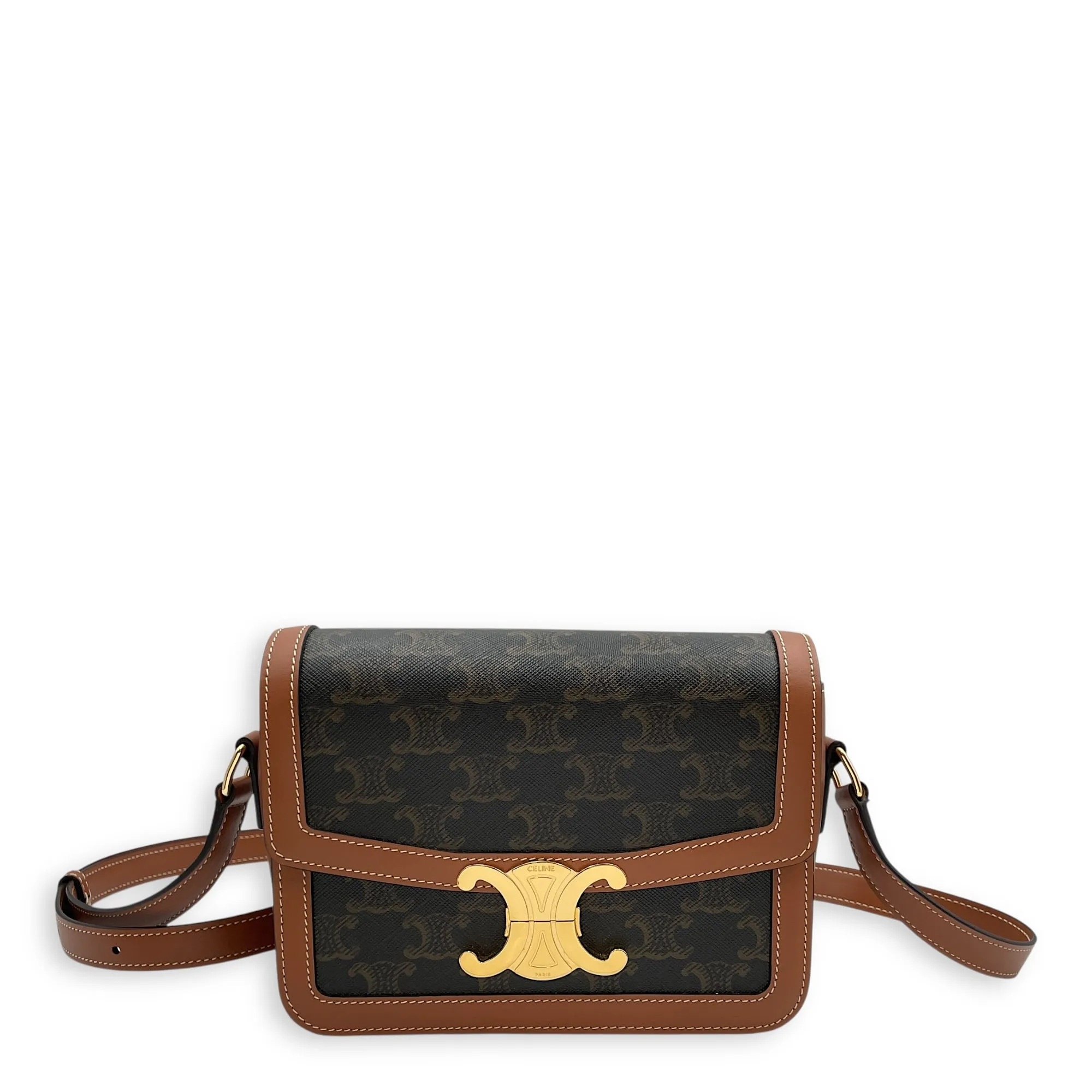 Classic Teen Triomphe Brown Crossbody Bag in Canvas/Calfskin, Gold hardware