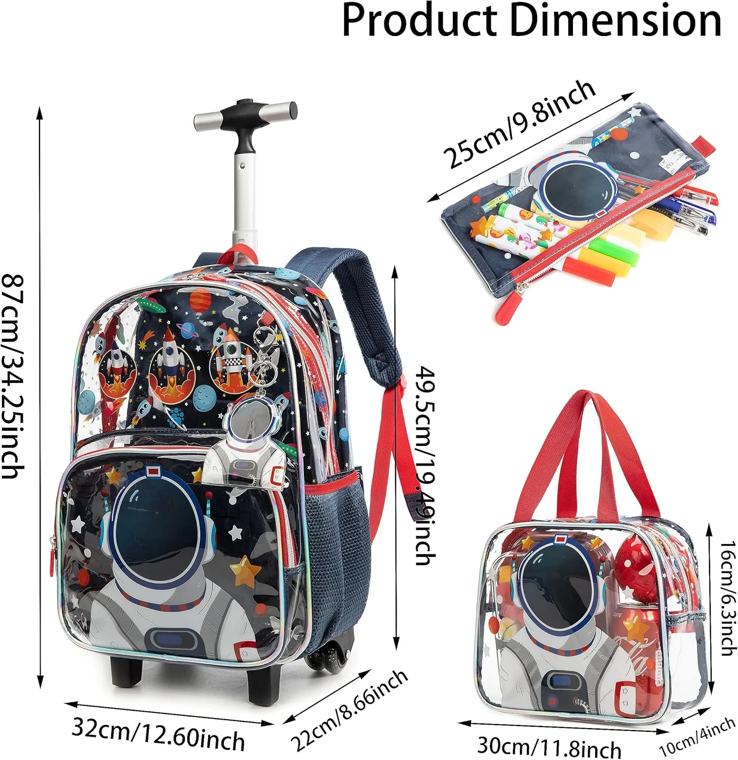 Clear Rolling Backpack Kids Wheeled School Bookbag for Boys and Girls (Astronaut)