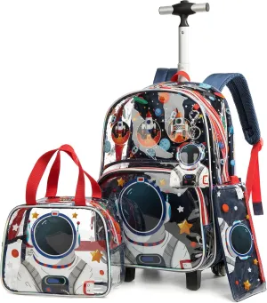 Clear Rolling Backpack Kids Wheeled School Bookbag for Boys and Girls (Astronaut)