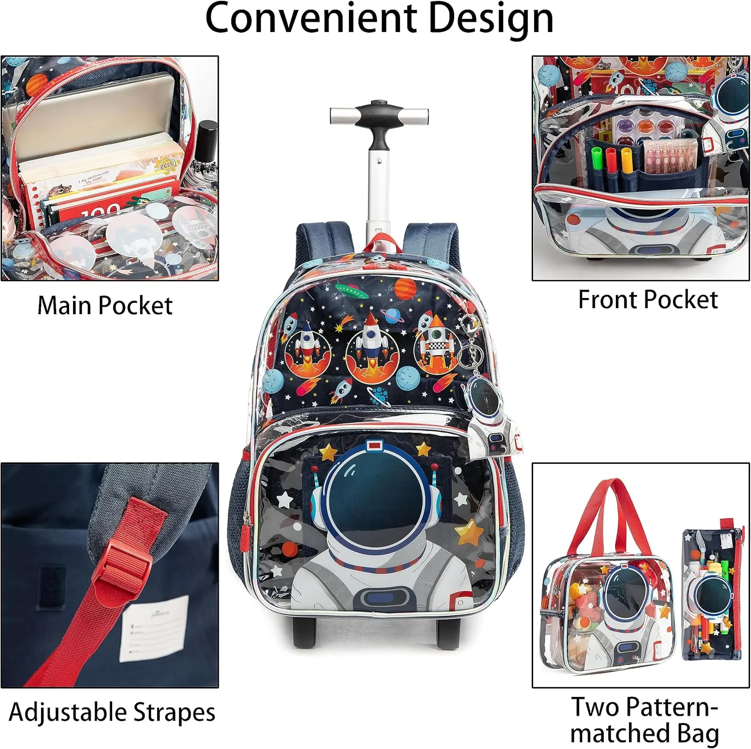 Clear Rolling Backpack Kids Wheeled School Bookbag for Boys and Girls (Astronaut)