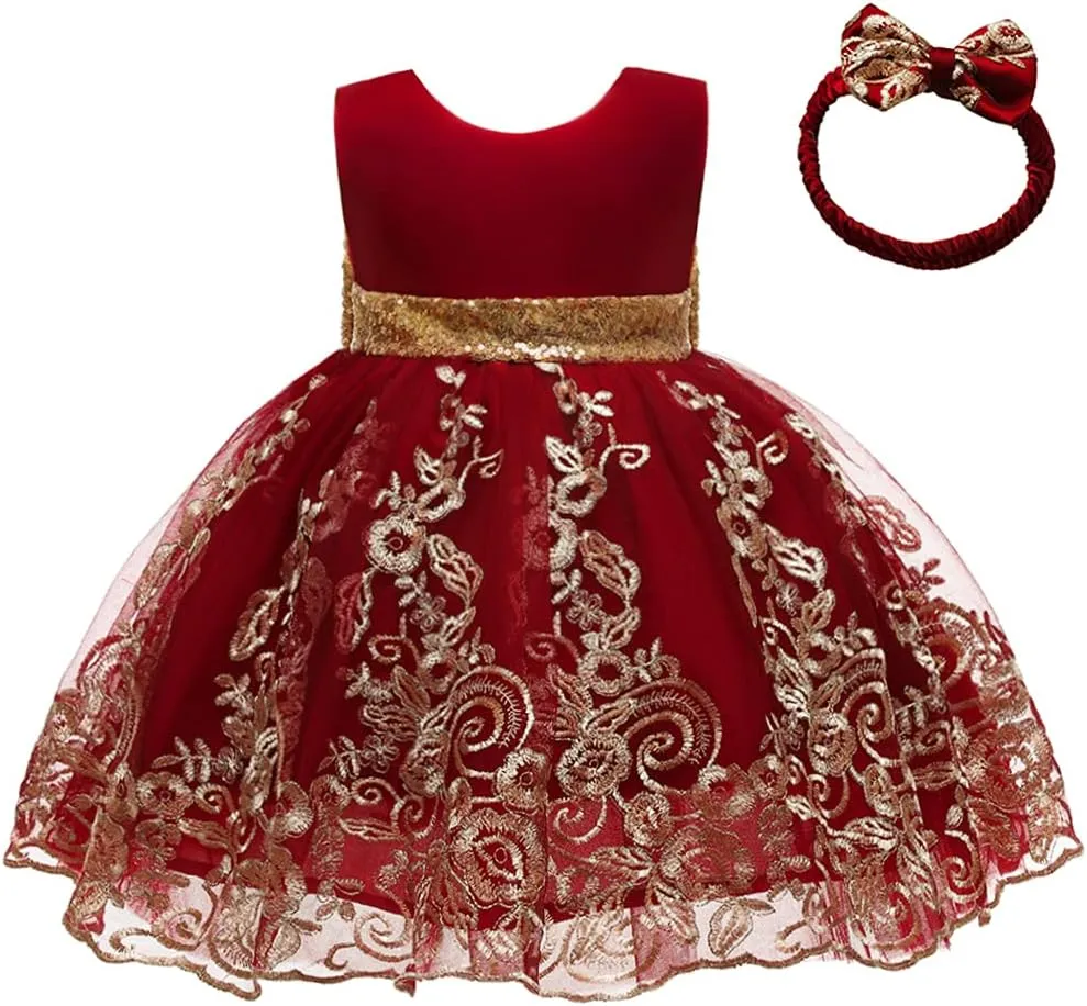 CMMCHAAH 0-6 Years Baby Girls Pageant Lace Embroidery Dresses Toddler Formal Dress with Headwear