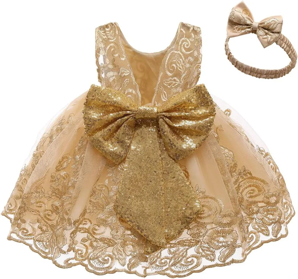 CMMCHAAH 0-6 Years Baby Girls Pageant Lace Embroidery Dresses Toddler Formal Dress with Headwear