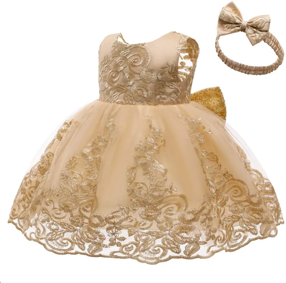 CMMCHAAH 0-6 Years Baby Girls Pageant Lace Embroidery Dresses Toddler Formal Dress with Headwear