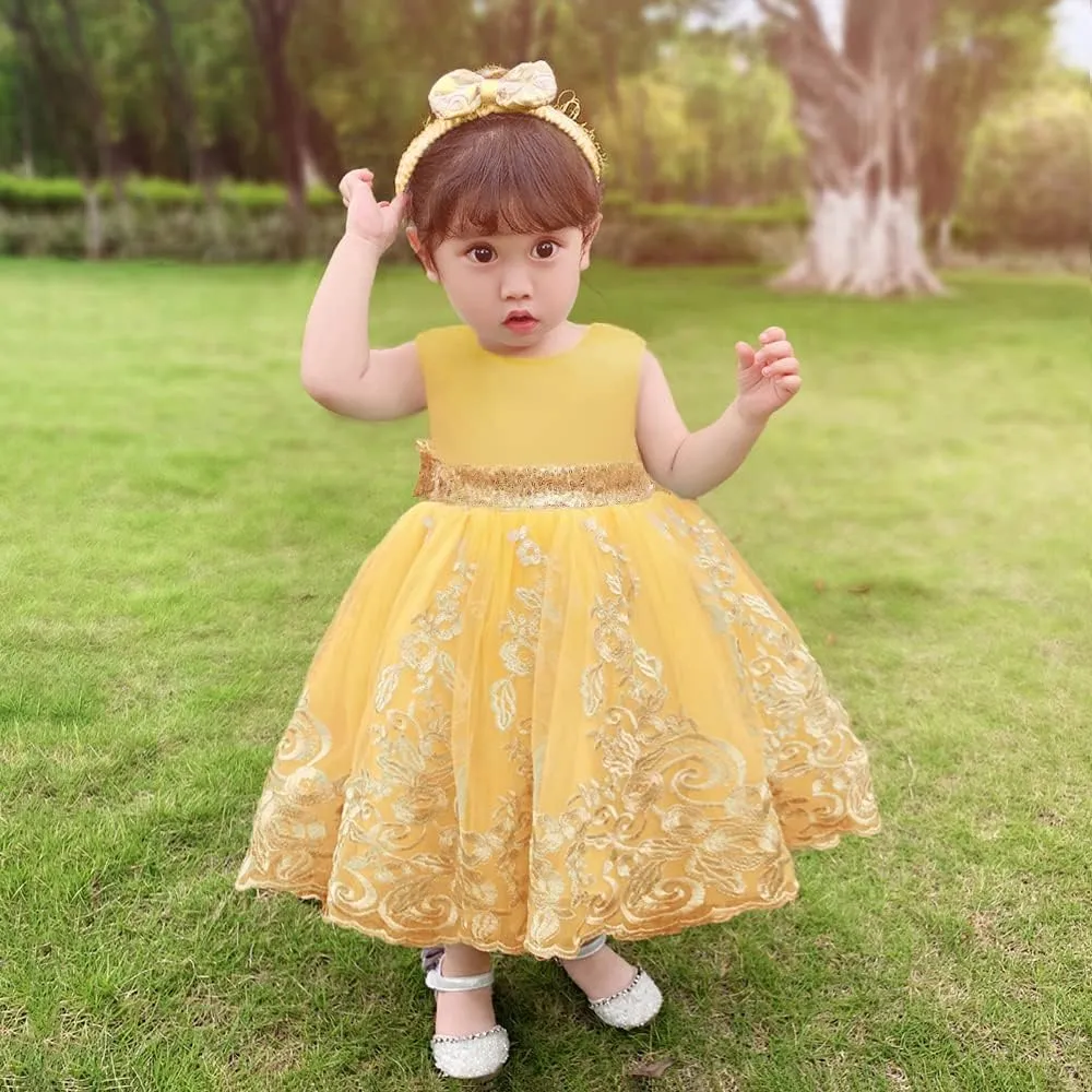 CMMCHAAH 0-6 Years Baby Girls Pageant Lace Embroidery Dresses Toddler Formal Dress with Headwear