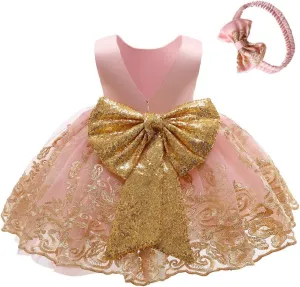 CMMCHAAH 0-6 Years Baby Girls Pageant Lace Embroidery Dresses Toddler Formal Dress with Headwear