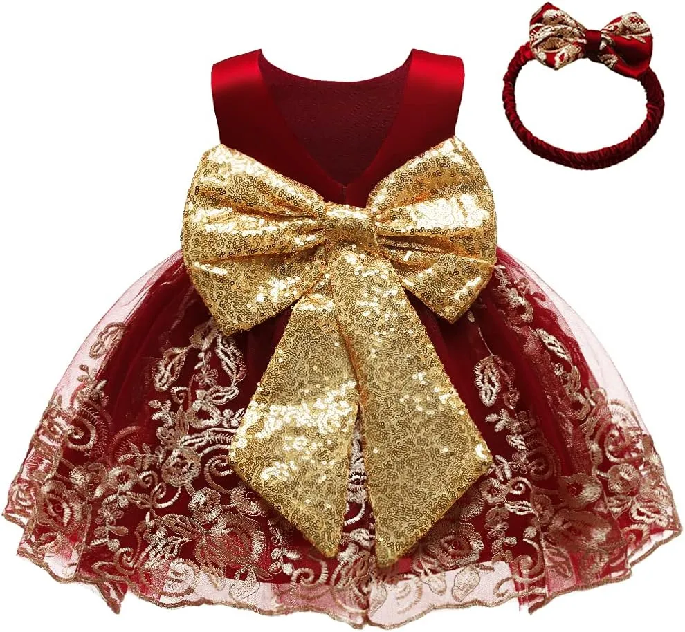 CMMCHAAH 0-6 Years Baby Girls Pageant Lace Embroidery Dresses Toddler Formal Dress with Headwear
