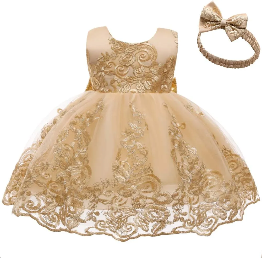CMMCHAAH 0-6 Years Baby Girls Pageant Lace Embroidery Dresses Toddler Formal Dress with Headwear