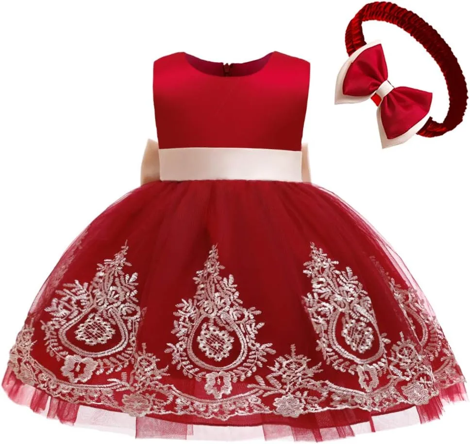 CMMCHAAH 0-6T Baby Girls Pageant Lace Embroidery Dresses Toddler Party Bowknot Tutu Gown Dress with Headwear