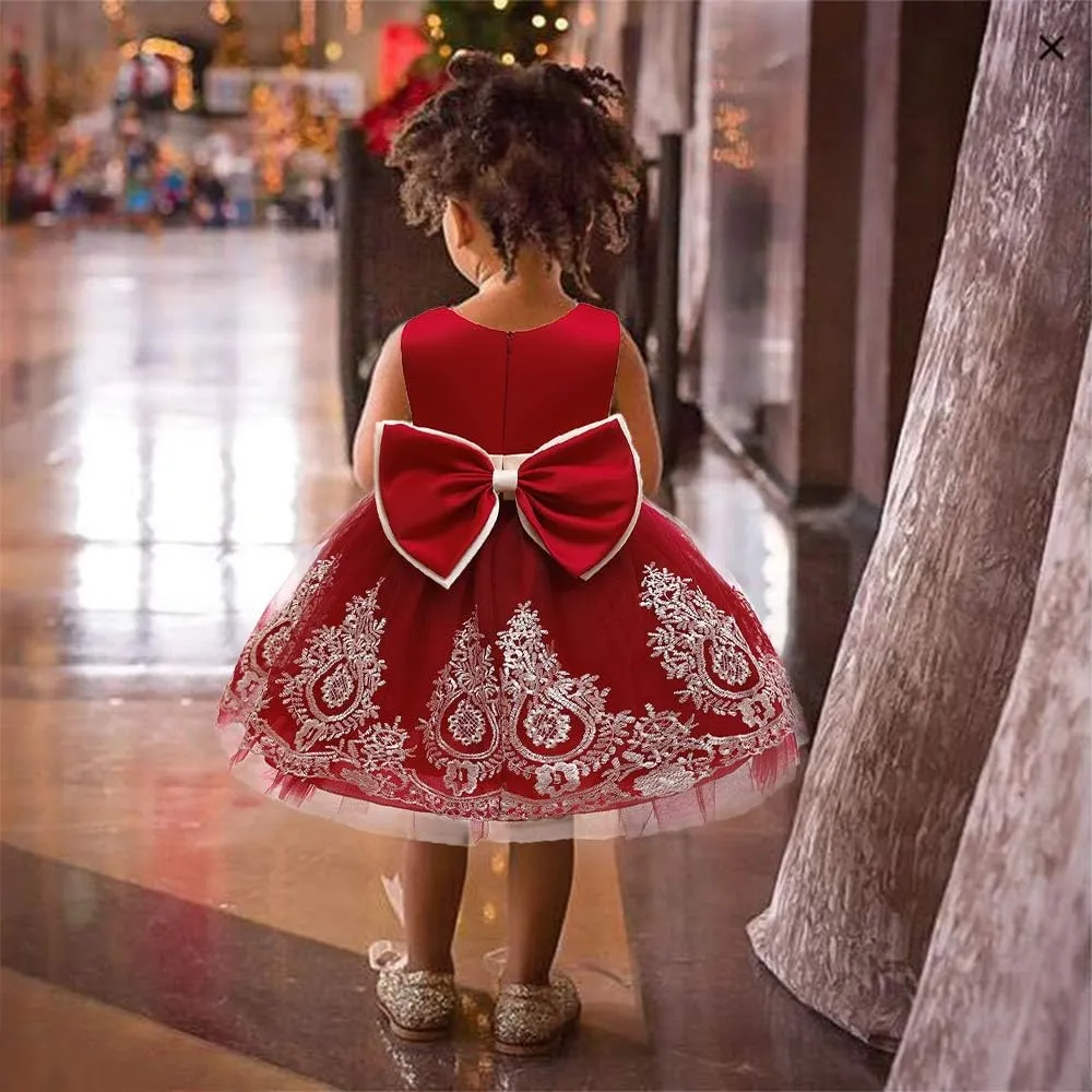 CMMCHAAH 0-6T Baby Girls Pageant Lace Embroidery Dresses Toddler Party Bowknot Tutu Gown Dress with Headwear