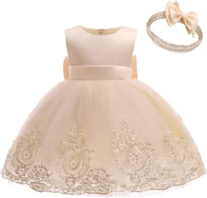 CMMCHAAH 0-6T Baby Girls Pageant Lace Embroidery Dresses Toddler Party Bowknot Tutu Gown Dress with Headwear