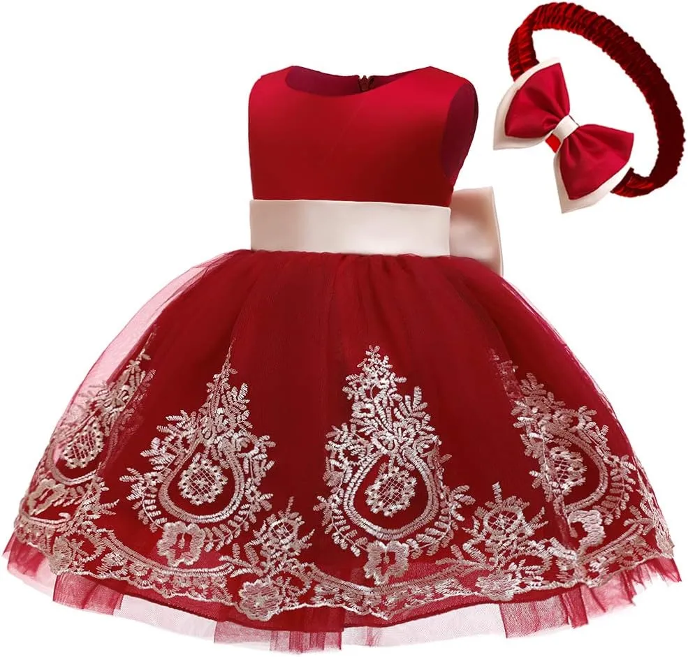 CMMCHAAH 0-6T Baby Girls Pageant Lace Embroidery Dresses Toddler Party Bowknot Tutu Gown Dress with Headwear