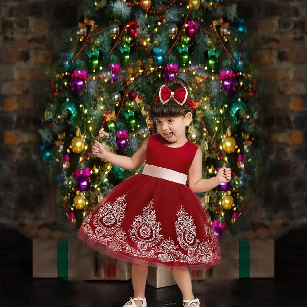 CMMCHAAH 0-6T Baby Girls Pageant Lace Embroidery Dresses Toddler Party Bowknot Tutu Gown Dress with Headwear