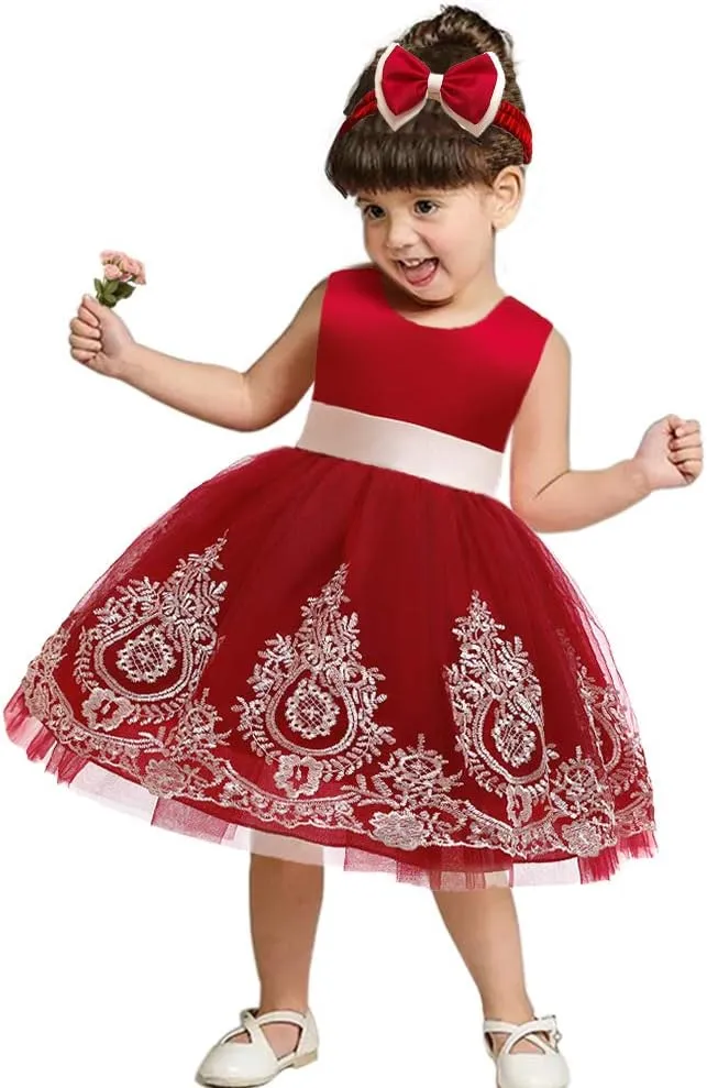 CMMCHAAH 0-6T Baby Girls Pageant Lace Embroidery Dresses Toddler Party Bowknot Tutu Gown Dress with Headwear
