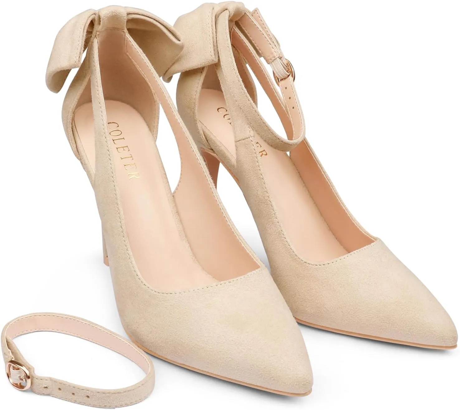 COLETER Womens Bow Knot High Heels Pointed Toe Stiletto Ankle Strap D'Orsay Pumps Bow Evening Dress Shoes