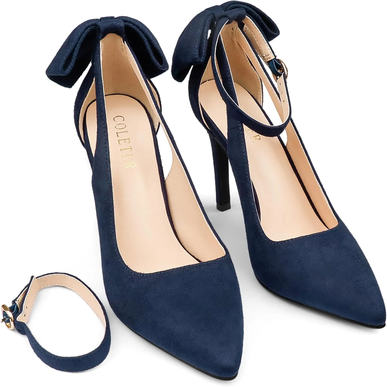 COLETER Womens Bow Knot High Heels Pointed Toe Stiletto Ankle Strap D'Orsay Pumps Bow Evening Dress Shoes