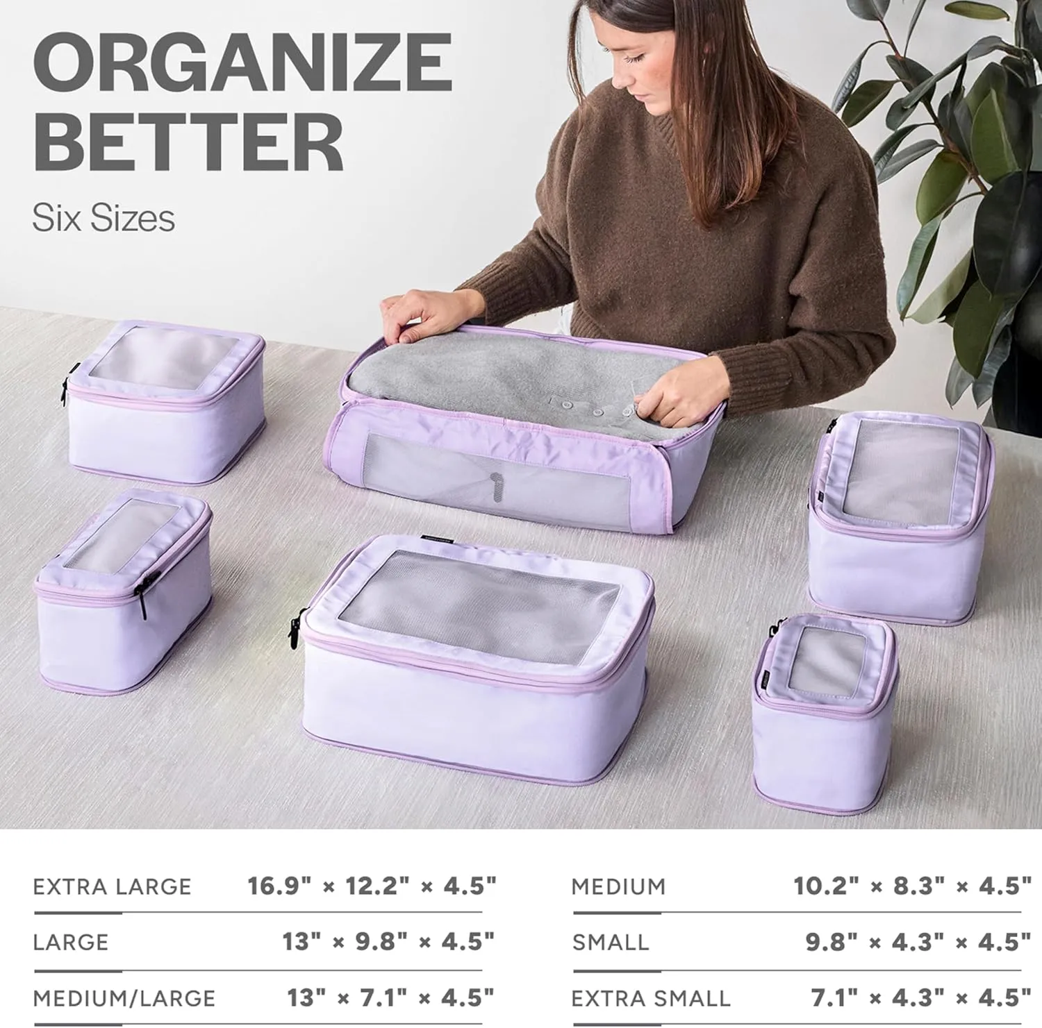 Compression Packing Cubes for Travel - Luggage Organizer Bags - Double Zipper Packing Cubes for Suitcases (6-Pack, Purple)