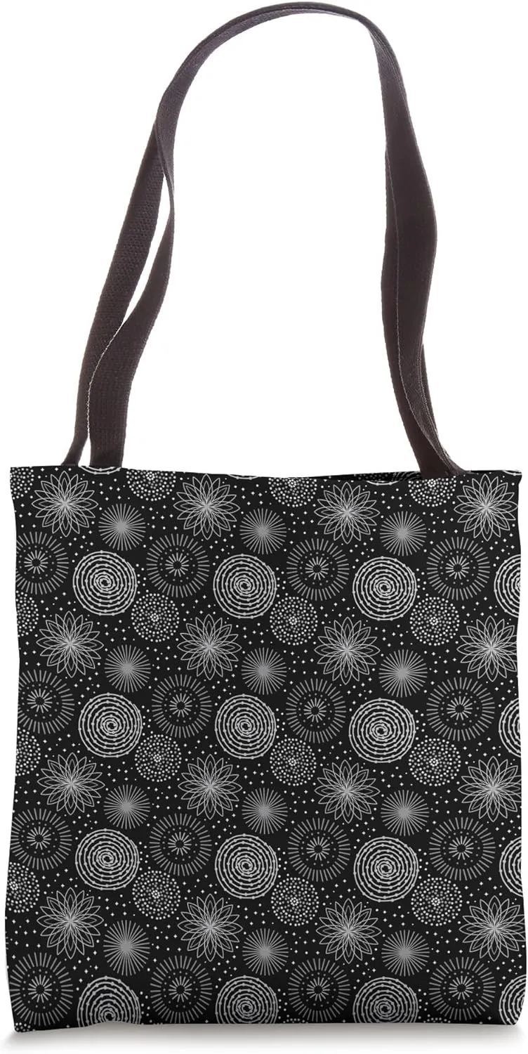 Concentric Geometric Medallion Circle Pattern White on Black Tote Bag