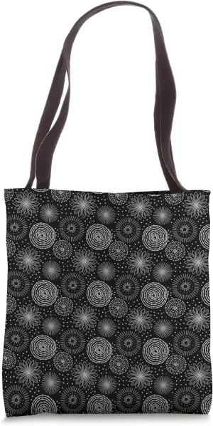 Concentric Geometric Medallion Circle Pattern White on Black Tote Bag