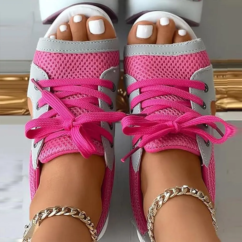 Contrast Paneled Cutout Lace-Up Muffin Sandals for Women, Causal Summer Tennis Shoes Open Toe Platform Sneaker