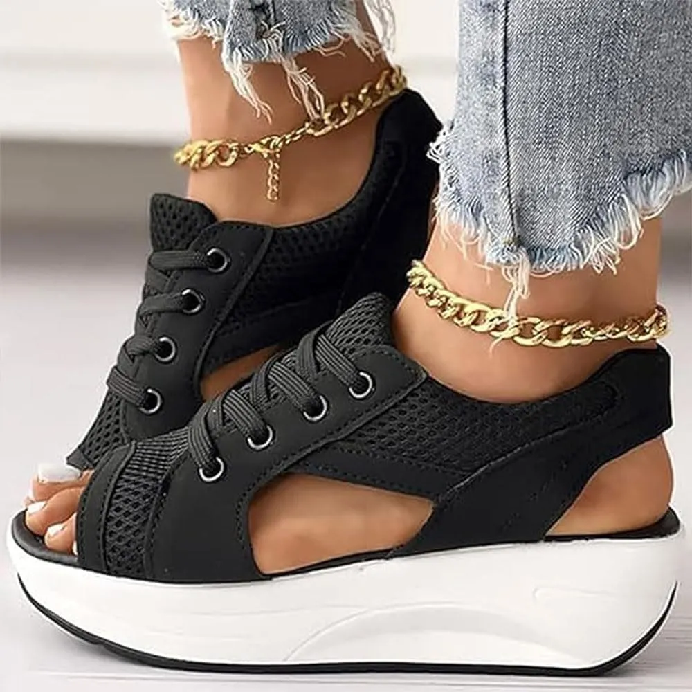 Contrast Paneled Cutout Lace-Up Muffin Sandals for Women, Causal Summer Tennis Shoes Open Toe Platform Sneaker