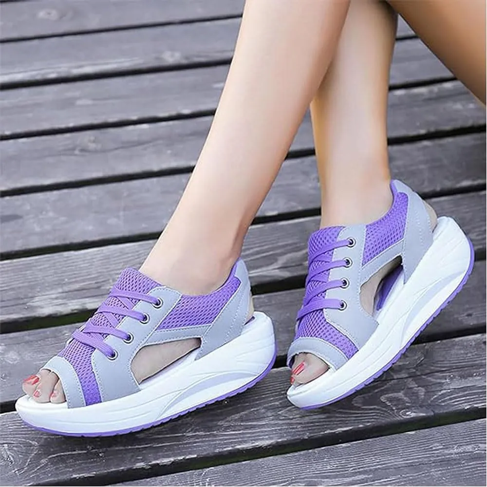 Contrast Paneled Cutout Lace-Up Muffin Sandals for Women, Causal Summer Tennis Shoes Open Toe Platform Sneaker