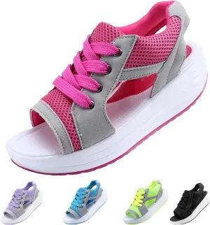 Contrast Paneled Cutout Lace-Up Muffin Sandals for Women, Causal Summer Tennis Shoes Open Toe Platform Sneaker