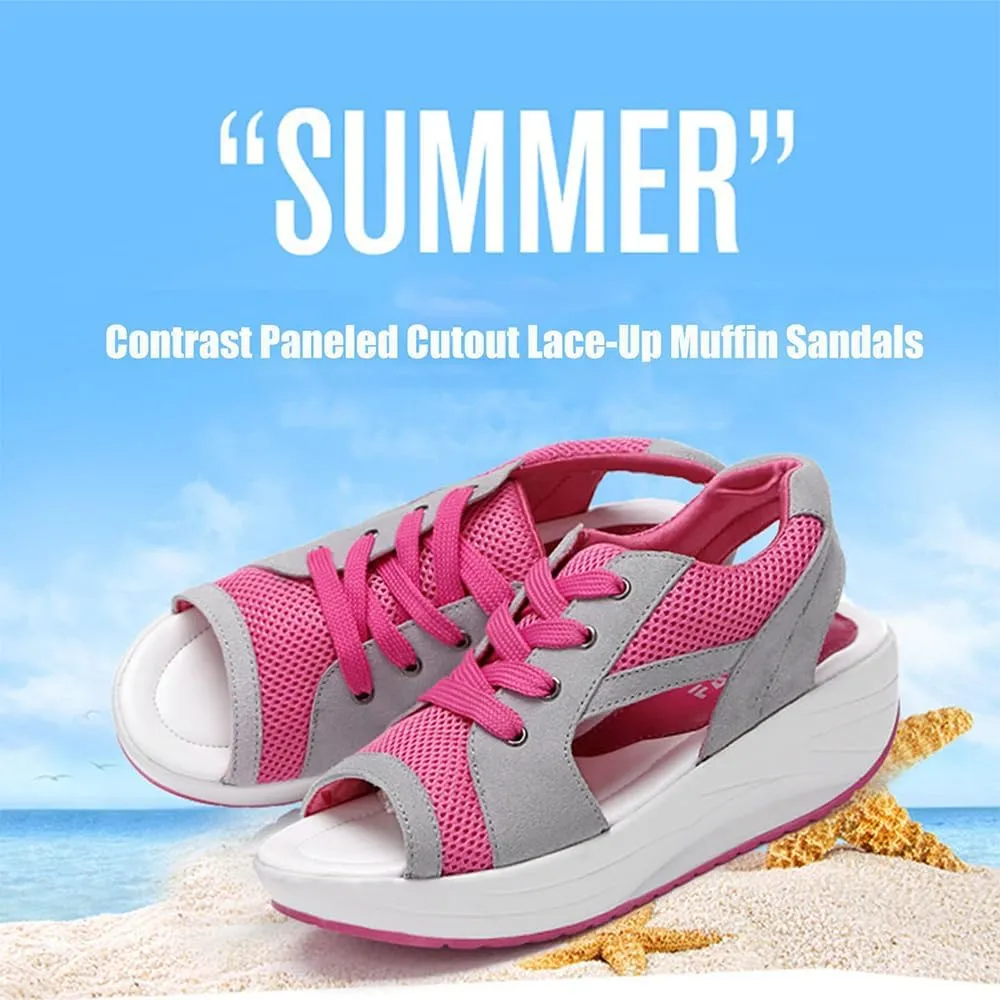 Contrast Paneled Cutout Lace-Up Muffin Sandals, Summer Womens Platform Wedges Peep Toe Shoes