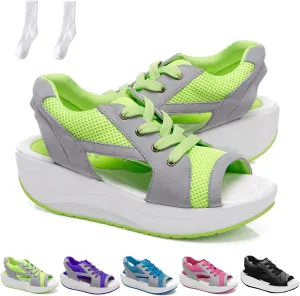 Contrast Paneled Cutout Lace-Up Muffin Sandals, Summer Womens Platform Wedges Peep Toe Shoes