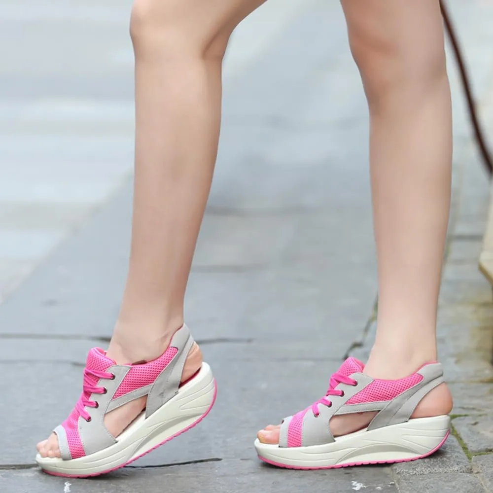 Contrast Paneled Cutout Lace-Up Muffin Sandals, Summer Womens Platform Wedges Peep Toe Shoes