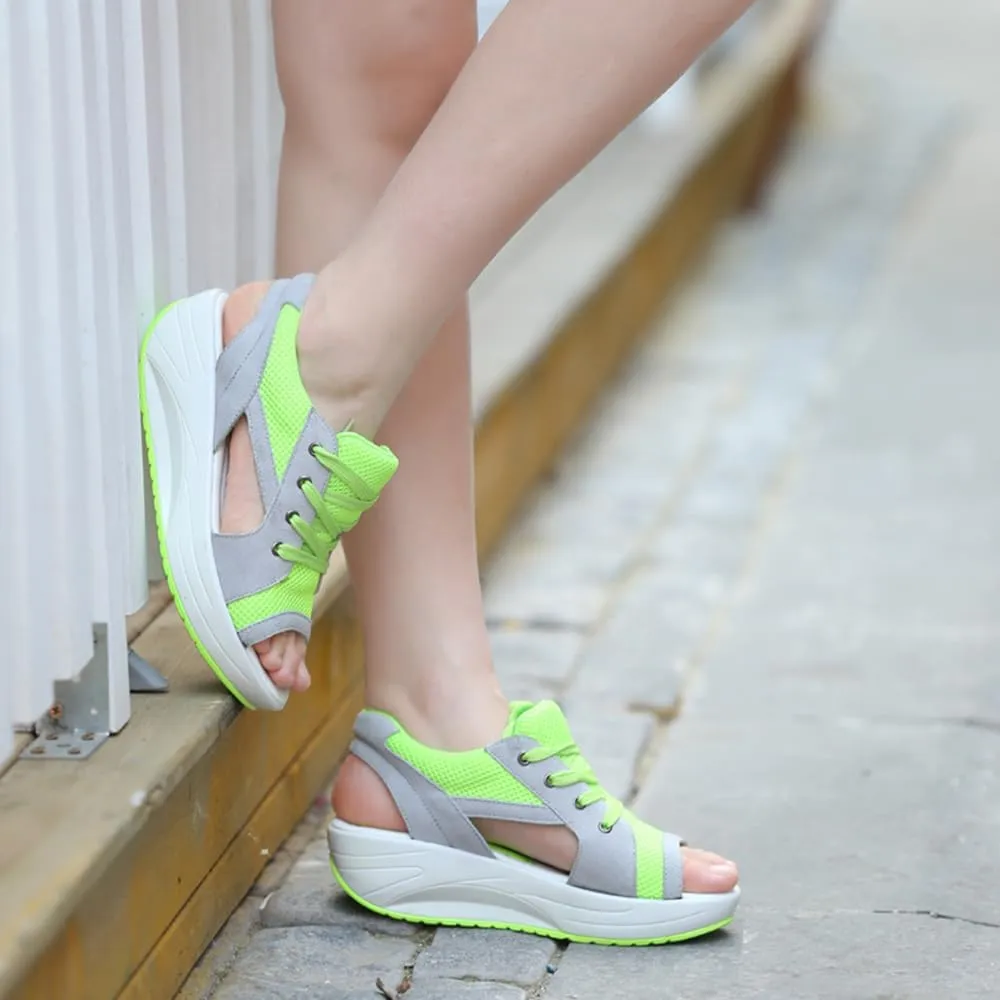 Contrast Paneled Cutout Lace-Up Muffin Sandals, Summer Womens Platform Wedges Peep Toe Shoes