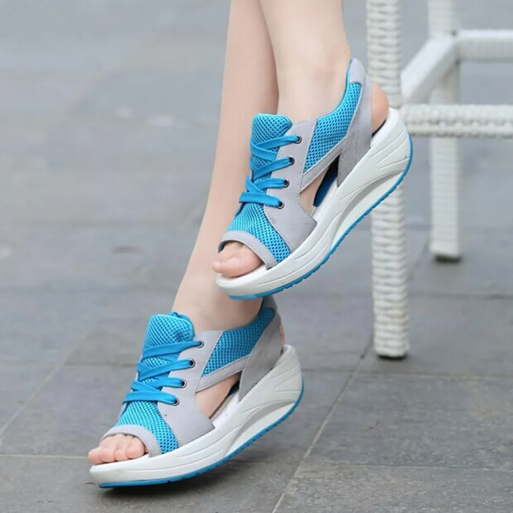Contrast Paneled Cutout Lace-Up Muffin Sandals, Summer Womens Platform Wedges Peep Toe Shoes