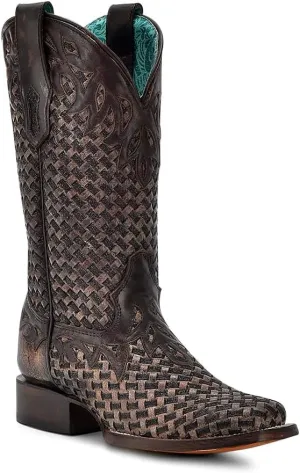 CORRAL LADIE'S CHOCOLATE GLITTER WOVEN & OVERLAY SQ. TOE, LEATHER SOLE, COWHIDE LEATHER, WESTERN BOOTS, A4526