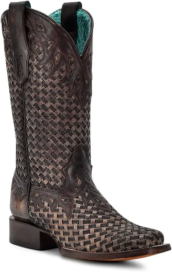CORRAL LADIE'S CHOCOLATE GLITTER WOVEN & OVERLAY SQ. TOE, LEATHER SOLE, COWHIDE LEATHER, WESTERN BOOTS, A4526