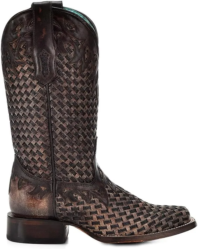 CORRAL LADIE'S CHOCOLATE GLITTER WOVEN & OVERLAY SQ. TOE, LEATHER SOLE, COWHIDE LEATHER, WESTERN BOOTS, A4526