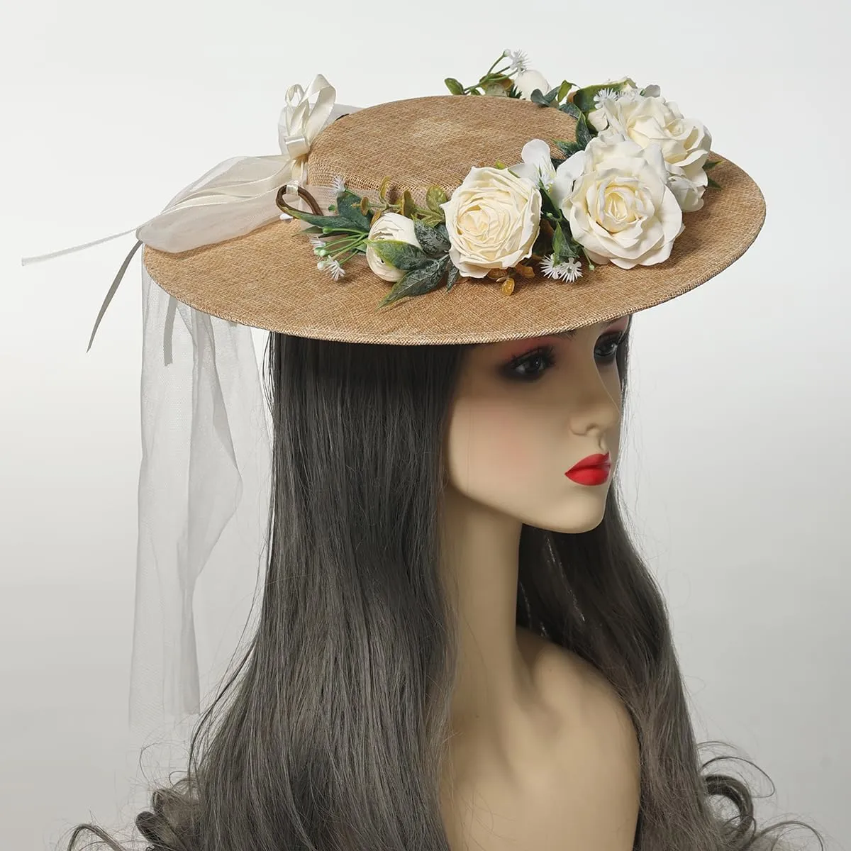 COSDREAMER Girls Women Victorian Tea Party Sun Hat Bows Flowers Straw Hats