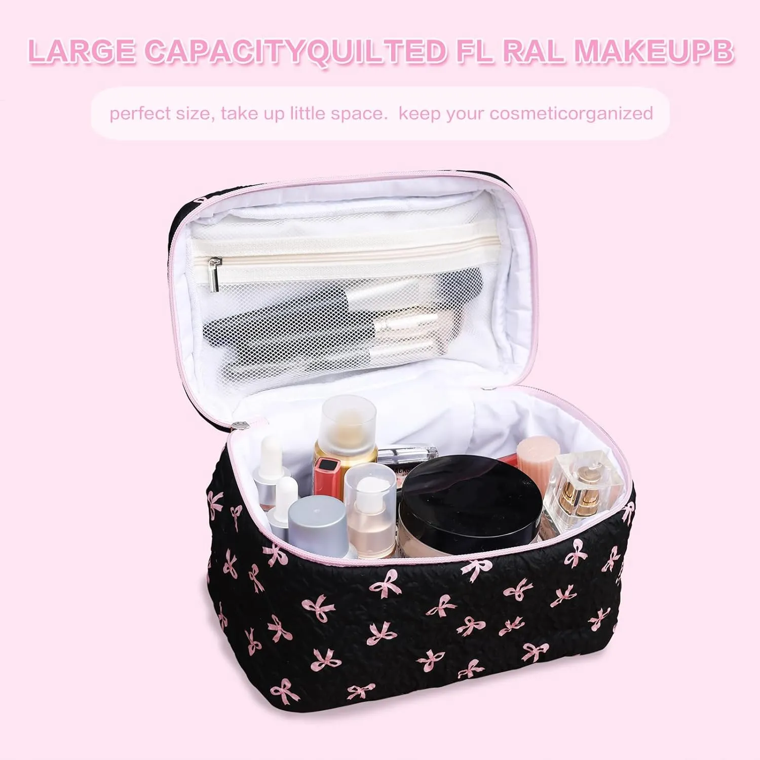Cotton Quilted Makeup Bag Coquette Accessories Make up Bag Organizer Cute Bow Floral Cosmetic Pouch Travel Makeup Bag Mystery black Pure white (Black pink bow-02)