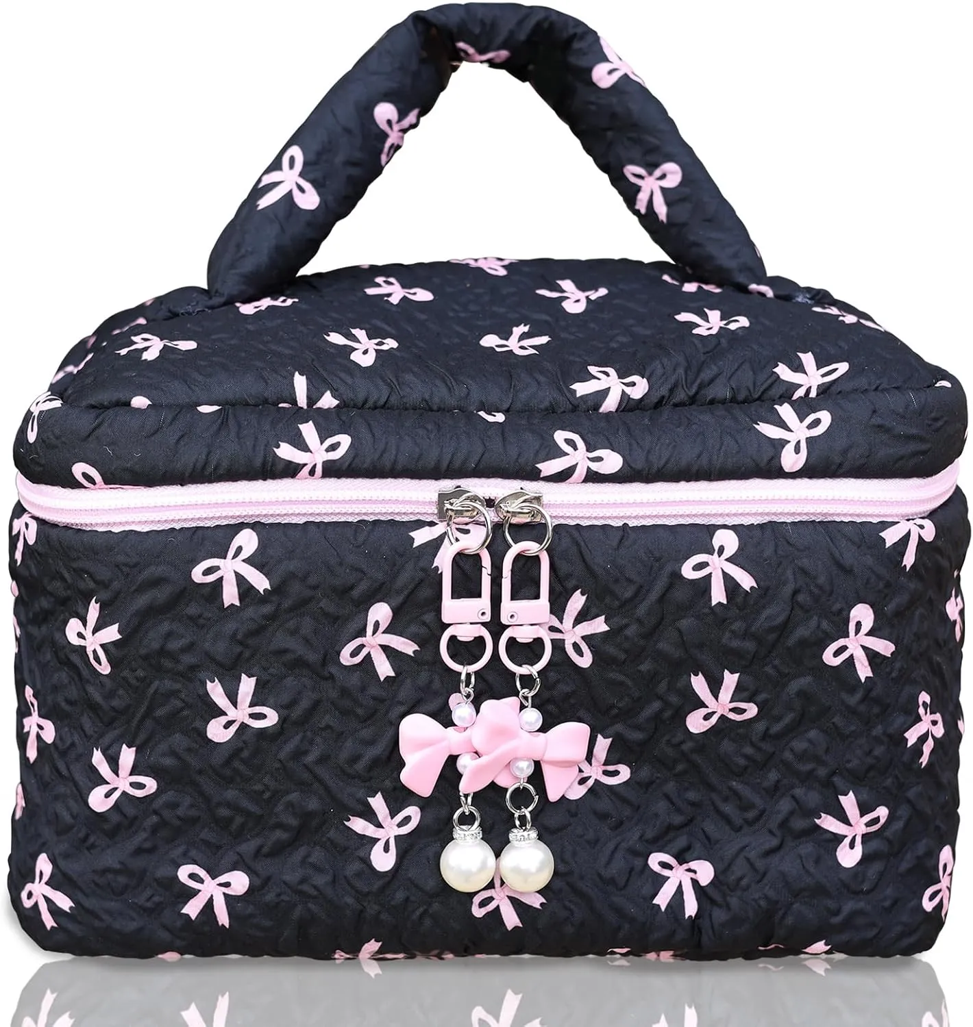 Cotton Quilted Makeup Bag Coquette Accessories Make up Bag Organizer Cute Bow Floral Cosmetic Pouch Travel Makeup Bag Mystery black Pure white (Black pink bow-02)