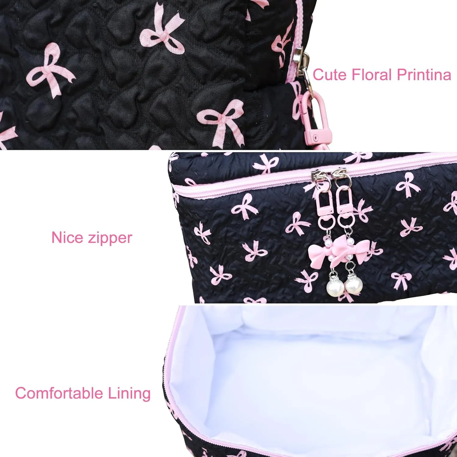 Cotton Quilted Makeup Bag Coquette Accessories Make up Bag Organizer Cute Bow Floral Cosmetic Pouch Travel Makeup Bag Mystery black Pure white (Black pink bow-02)