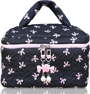 Cotton Quilted Makeup Bag Coquette Accessories Make up Bag Organizer Cute Bow Floral Cosmetic Pouch Travel Makeup Bag Mystery black Pure white (Black pink bow-02)