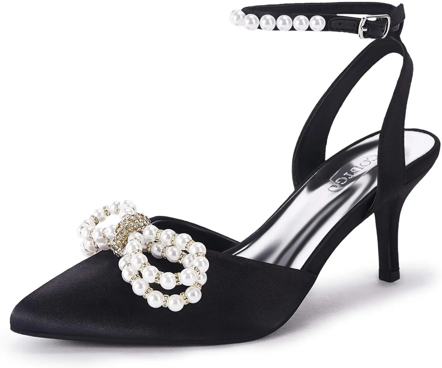 Coutgo Womens Bowknot Heels Pumps Stiletto Closed Pointed Toe Pearl Ankle Strap Wedding Dress Shoes